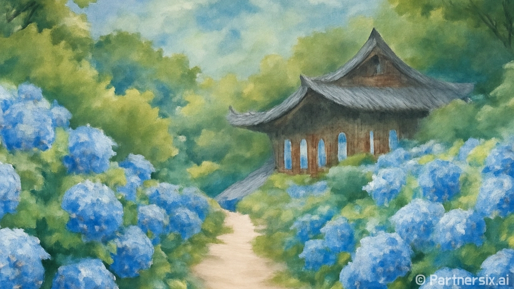서산 부석사 수국 꽃길의 여름 풍경