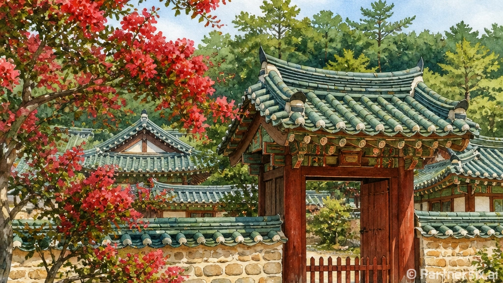논산 돈암서원, 붉은 배롱나무와 한옥의 여름 풍경