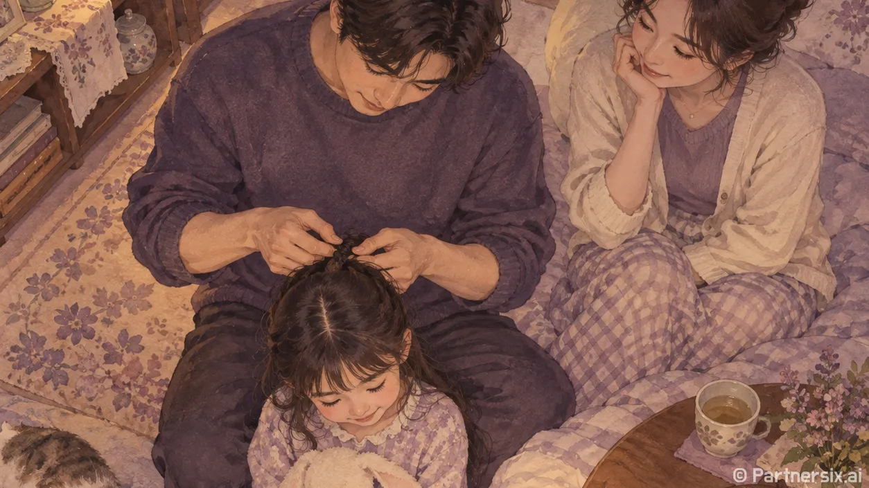 아빠 손끝의 머리묶기
