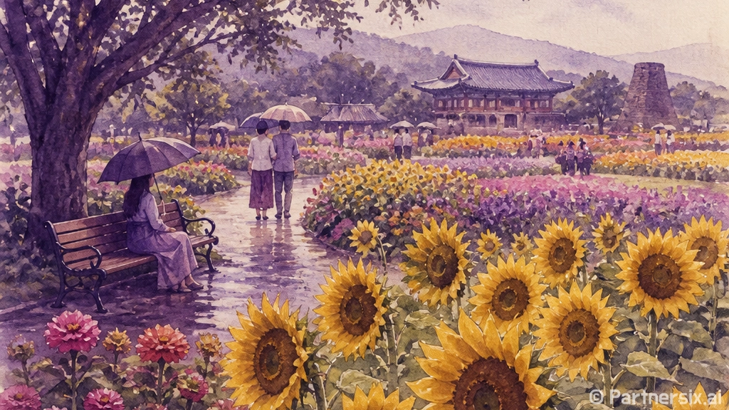 첨성대 해바라기 만개, 비 오는 날 산책 명소