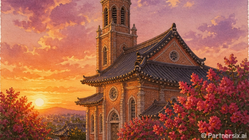 익산 나바위성당, 여름 일몰과 배롱나무의 조화