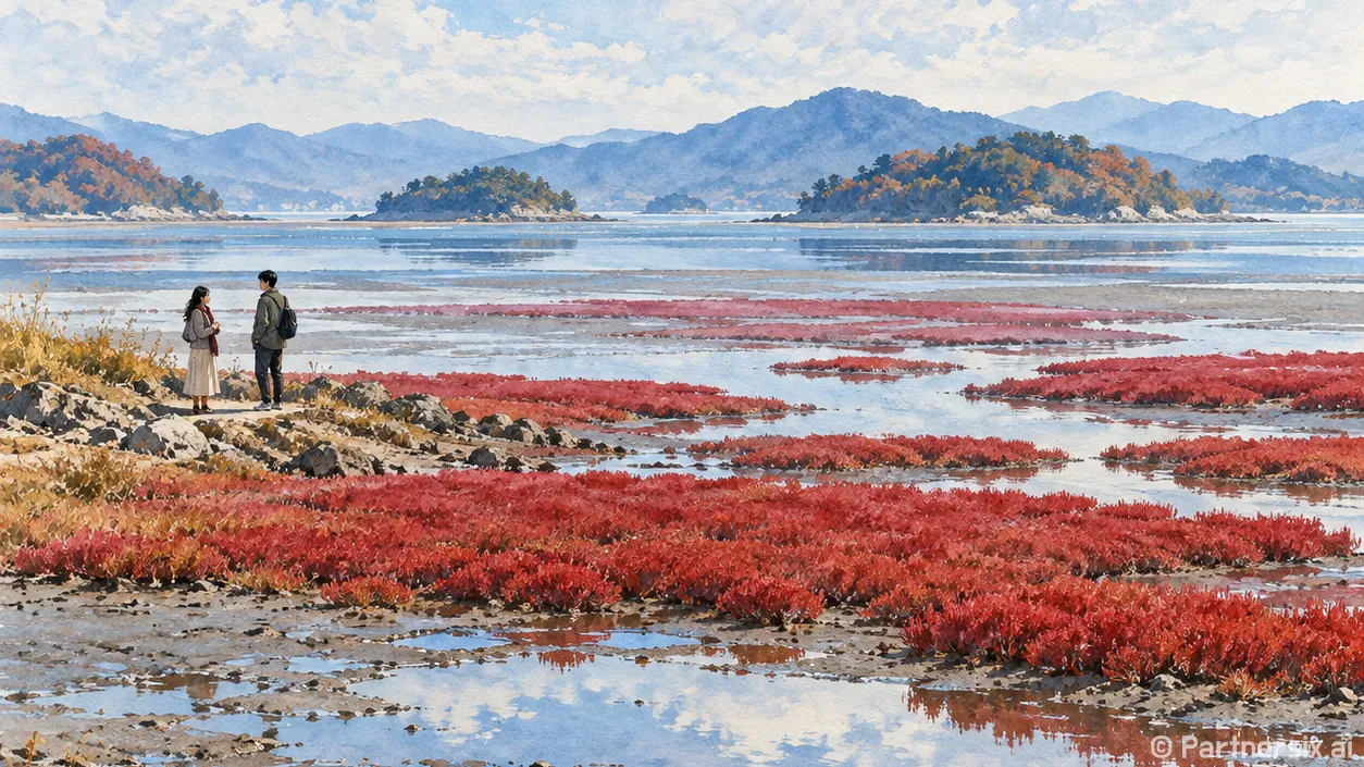 증도 바다에 붉은 단풍