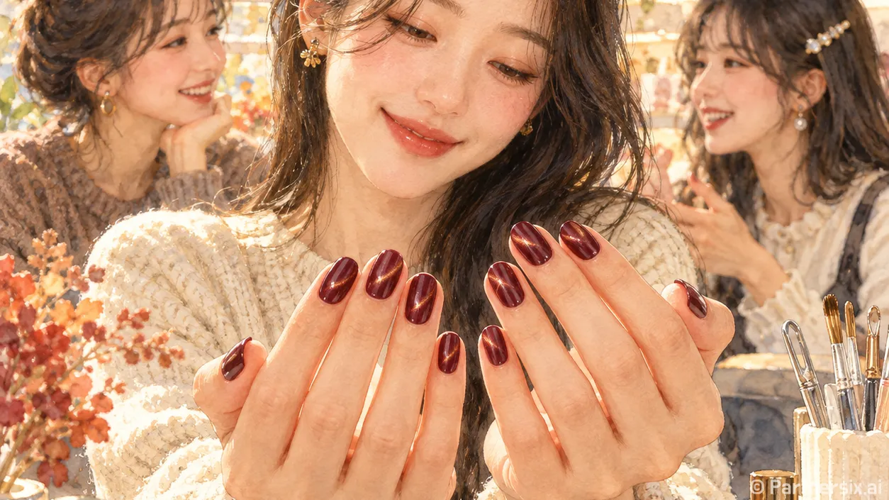 버건디 자석네일을 손님 손에 올려봤더니